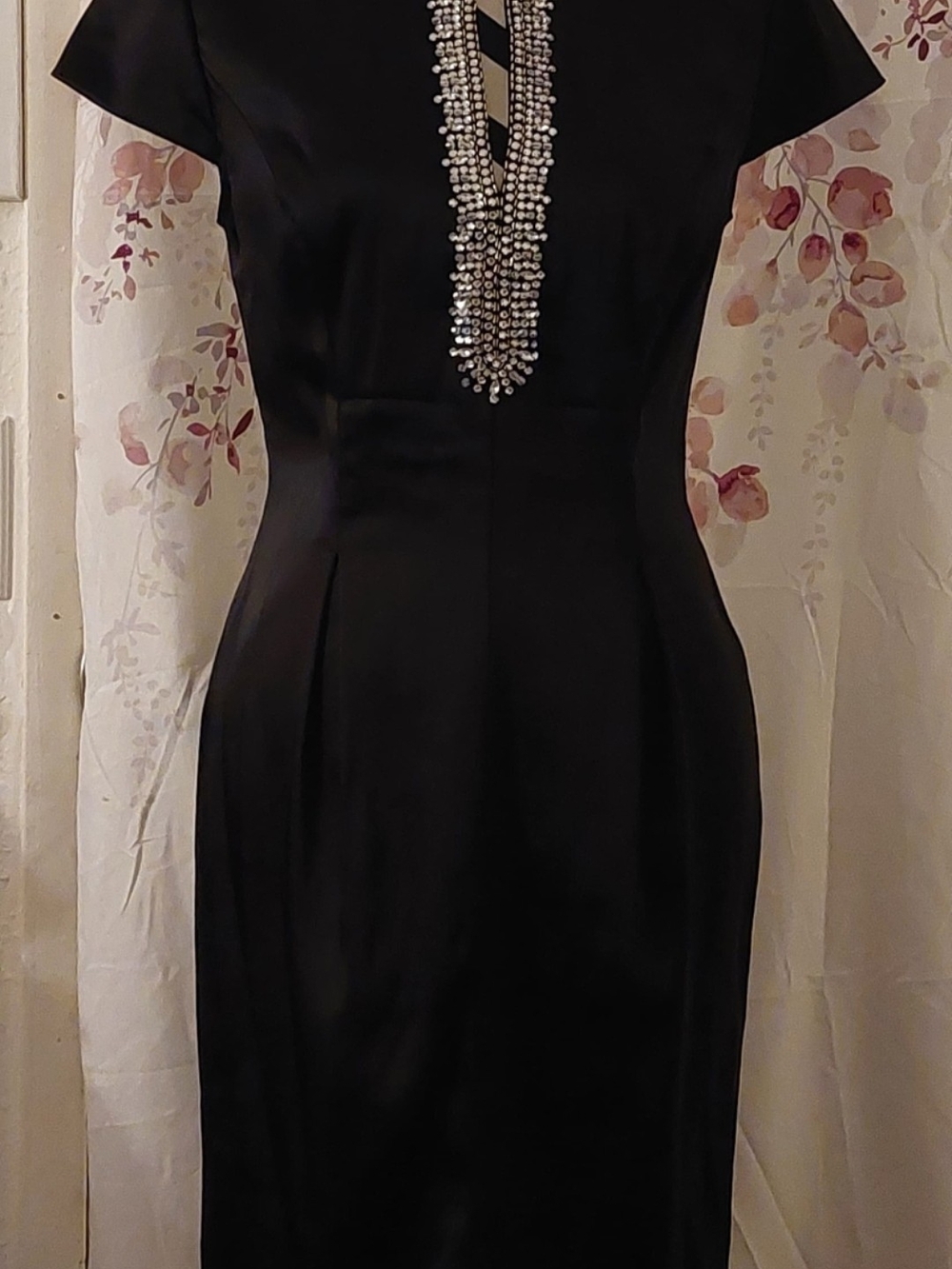VINTAGE Chetta B Black Midi Dress with Beaded Plunging Neckline